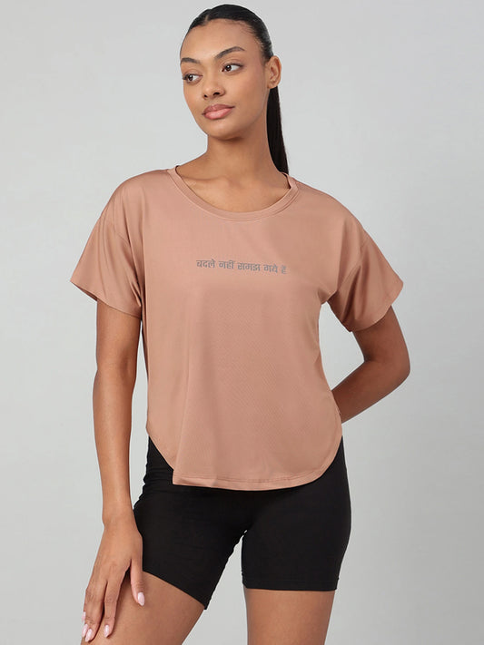 Women Typography Crew Neck Polyester Brown T-Shirt