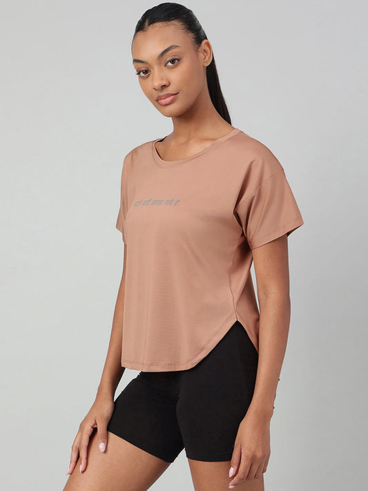 Women Typography Crew Neck Polyester Brown T-Shirt