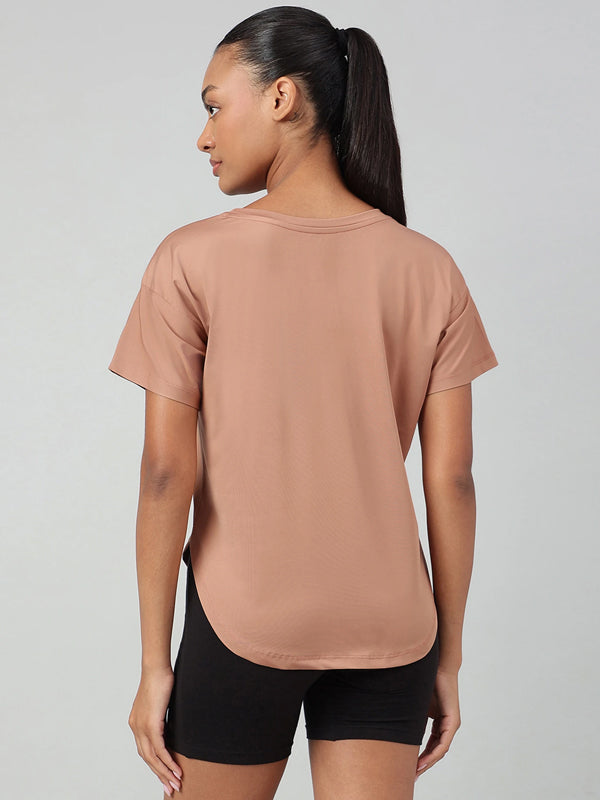 Women Typography Crew Neck Polyester Brown T-Shirt