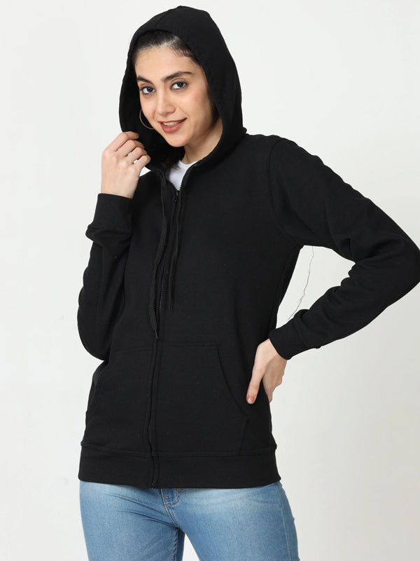 Women Full Sleeve Solid Hooded Sweatshirt Black