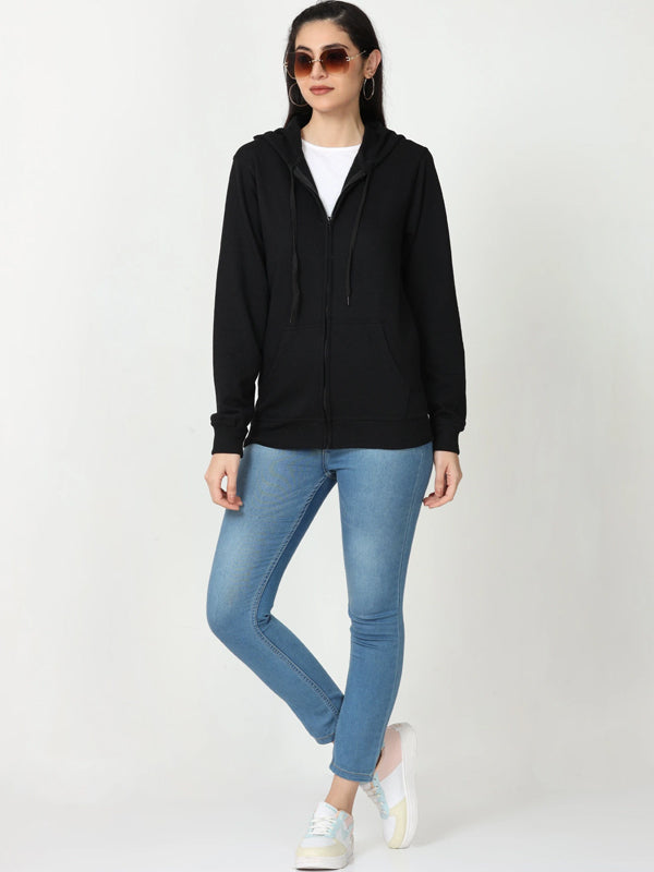 Women Full Sleeve Solid Hooded Sweatshirt Black