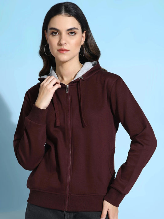Women Full Sleeve Solid Hooded Sweatshirt Maroon