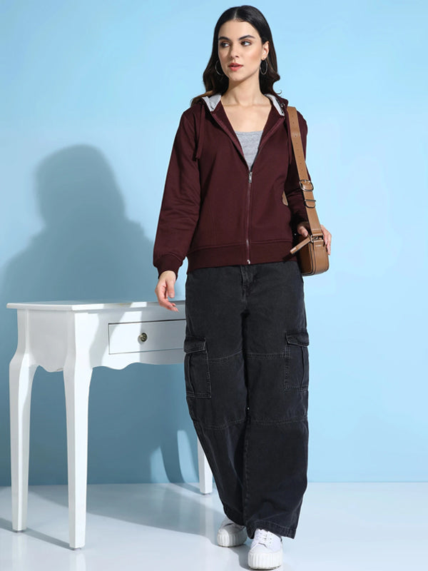 Women Full Sleeve Solid Hooded Sweatshirt Maroon