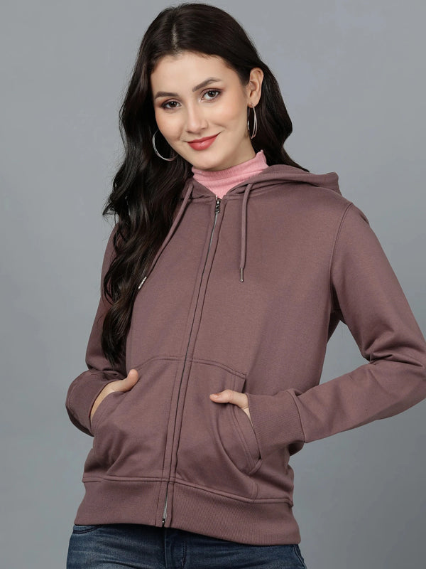 Women Full Sleeve Solid Hooded Sweatshirt Brown
