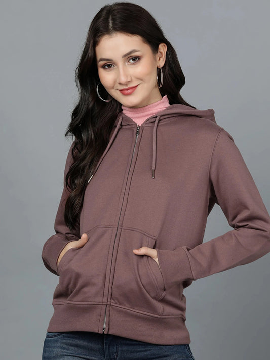 Women Full Sleeve Solid Hooded Sweatshirt Brown