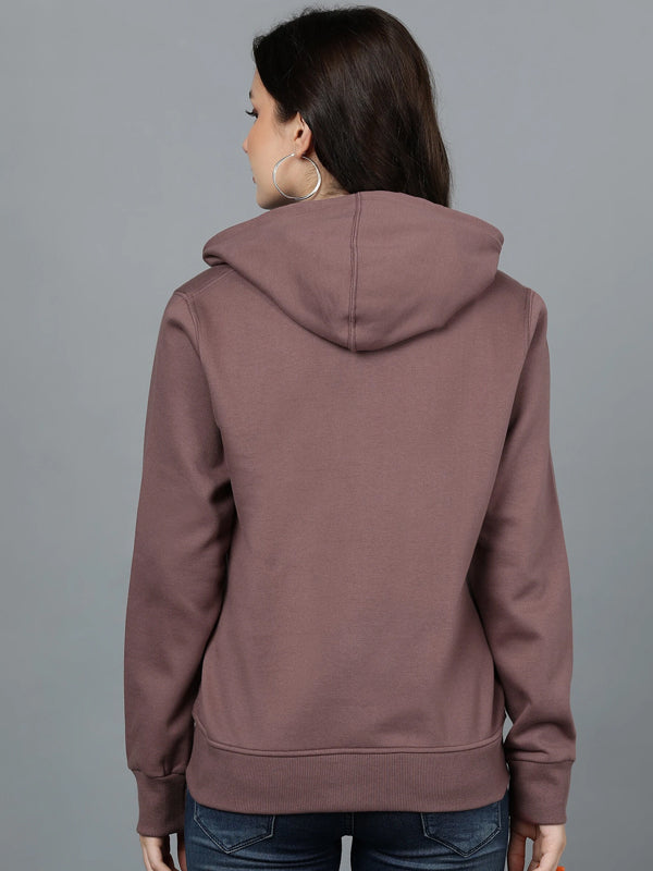 Women Full Sleeve Solid Hooded Sweatshirt Brown