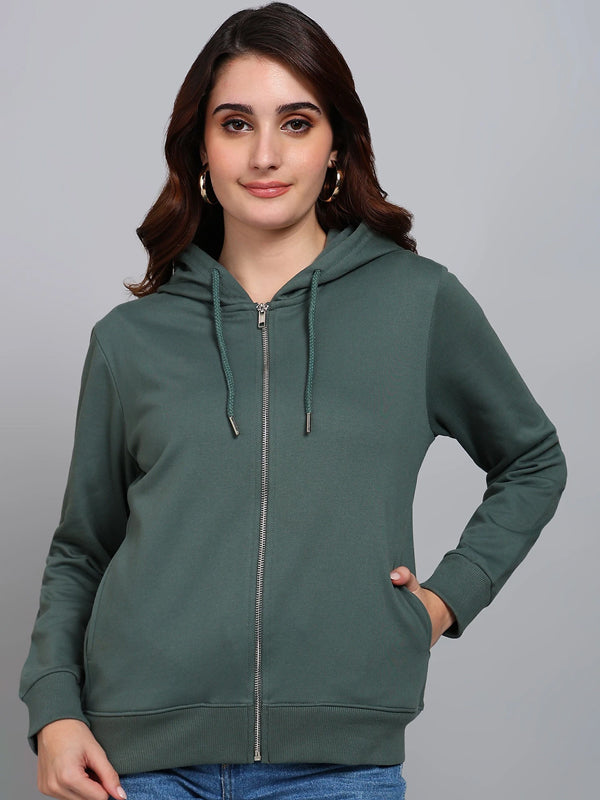 Women Full Sleeve Solid Hooded Sweatshirt Green