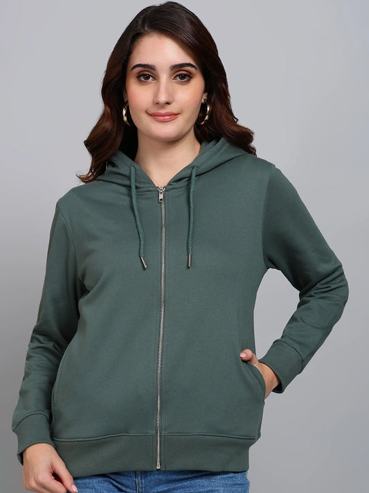Women Full Sleeve Solid Hooded Sweatshirt Green