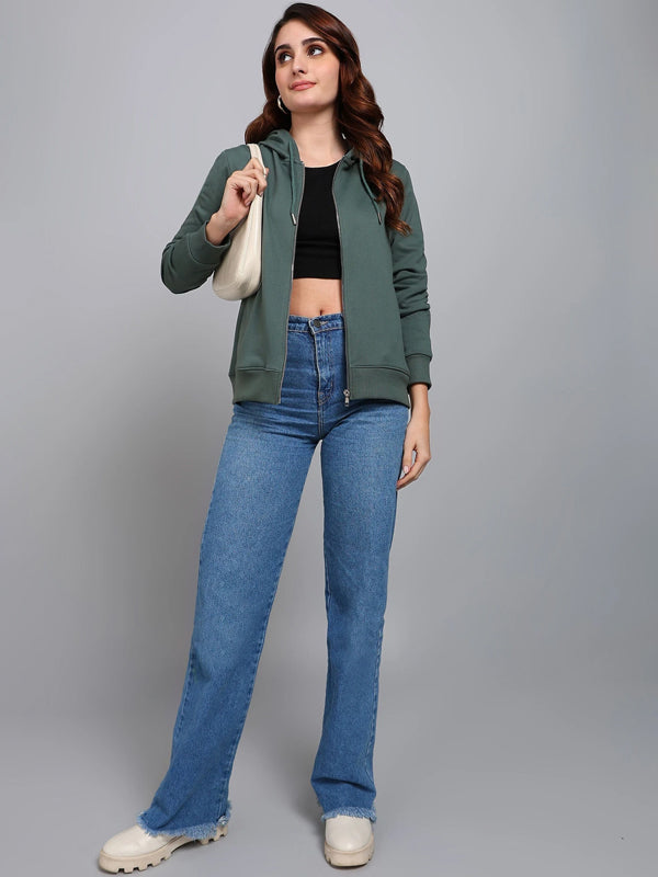 Women Full Sleeve Solid Hooded Sweatshirt Green