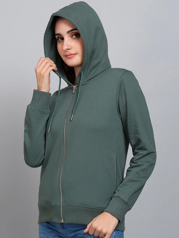 Women Full Sleeve Solid Hooded Sweatshirt Green