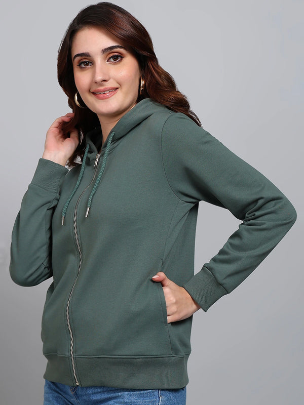 Women Full Sleeve Solid Hooded Sweatshirt Green