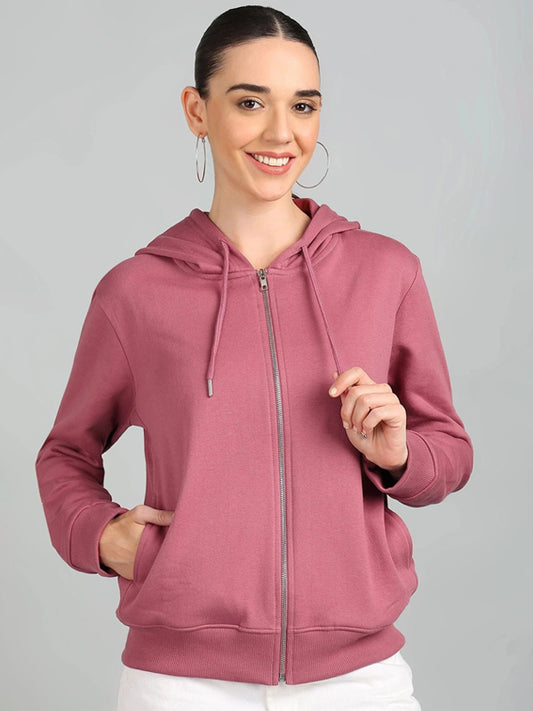 Women Full Sleeve Solid Hooded Sweatshirt Pink