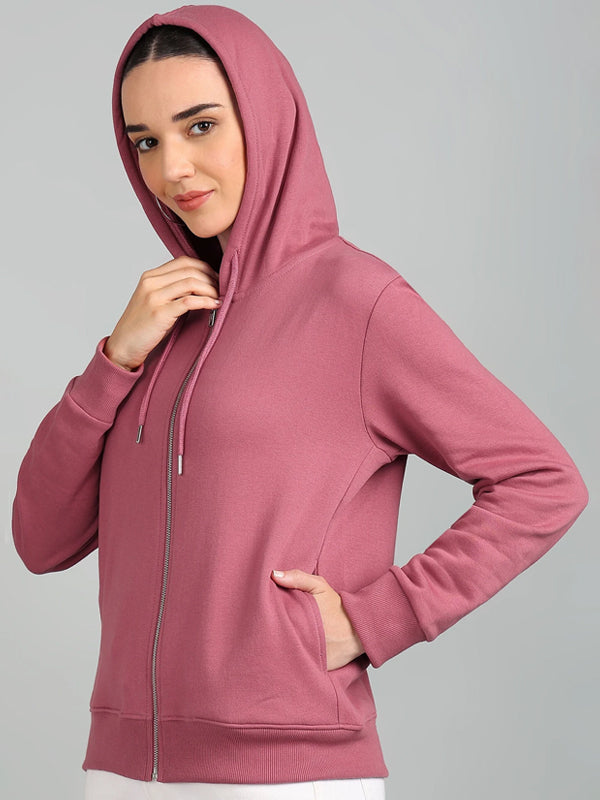 Women Full Sleeve Solid Hooded Sweatshirt Pink