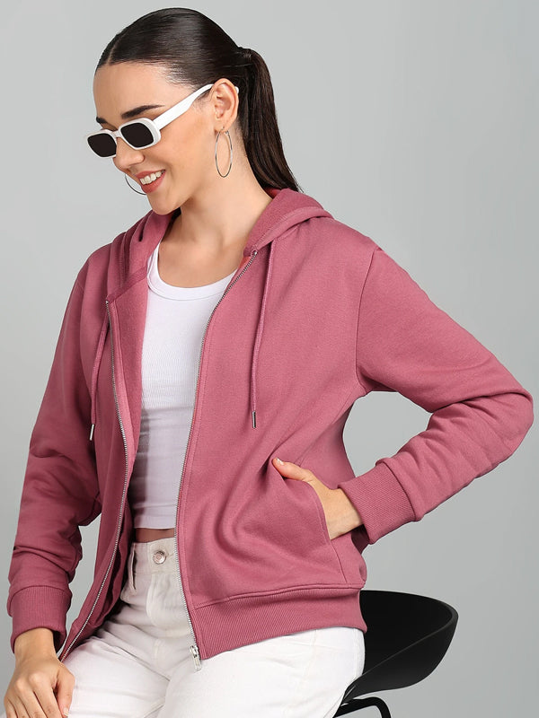 Women Full Sleeve Solid Hooded Sweatshirt Pink