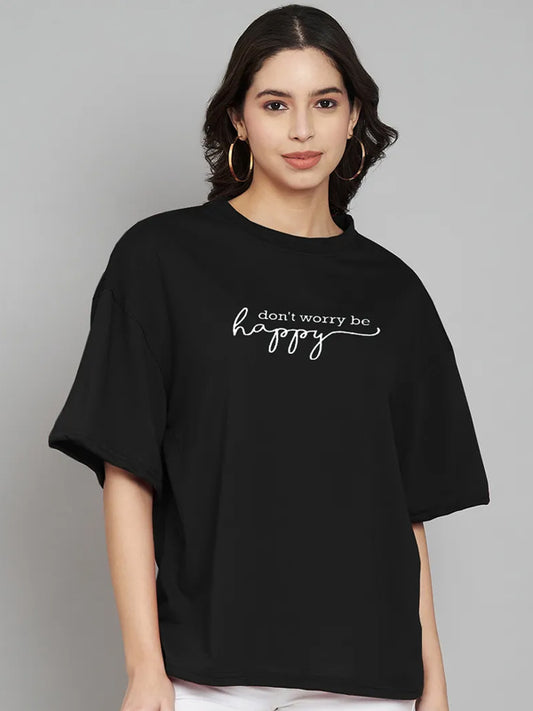 Women Geometric Print Crew Neck Cotton Blend Black T-Shirt