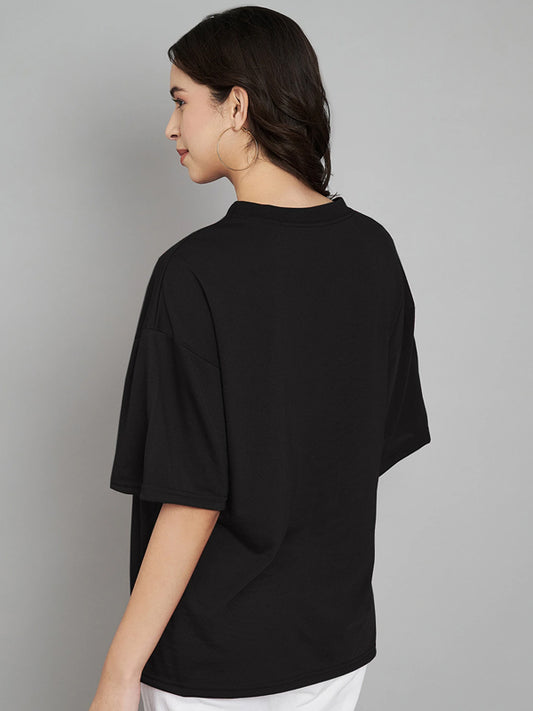 Women Geometric Print Crew Neck Cotton Blend Black T-Shirt