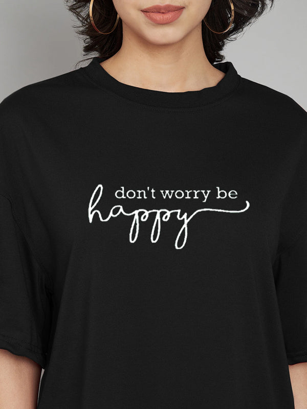 Women Geometric Print Crew Neck Cotton Blend Black T-Shirt