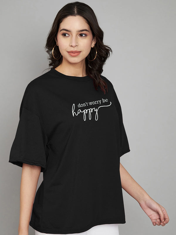 Women Geometric Print Crew Neck Cotton Blend Black T-Shirt