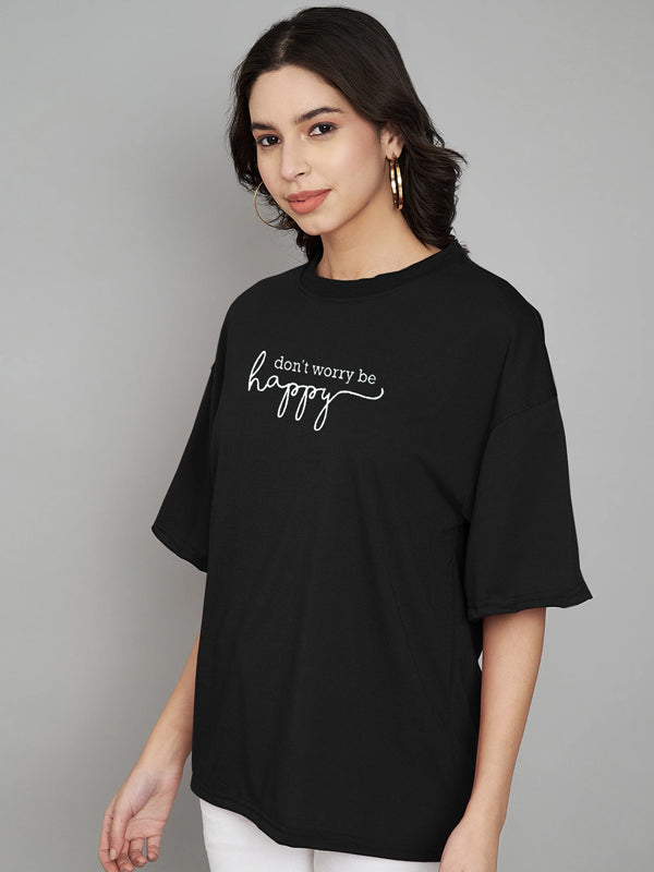 Women Geometric Print Crew Neck Cotton Blend Black T-Shirt