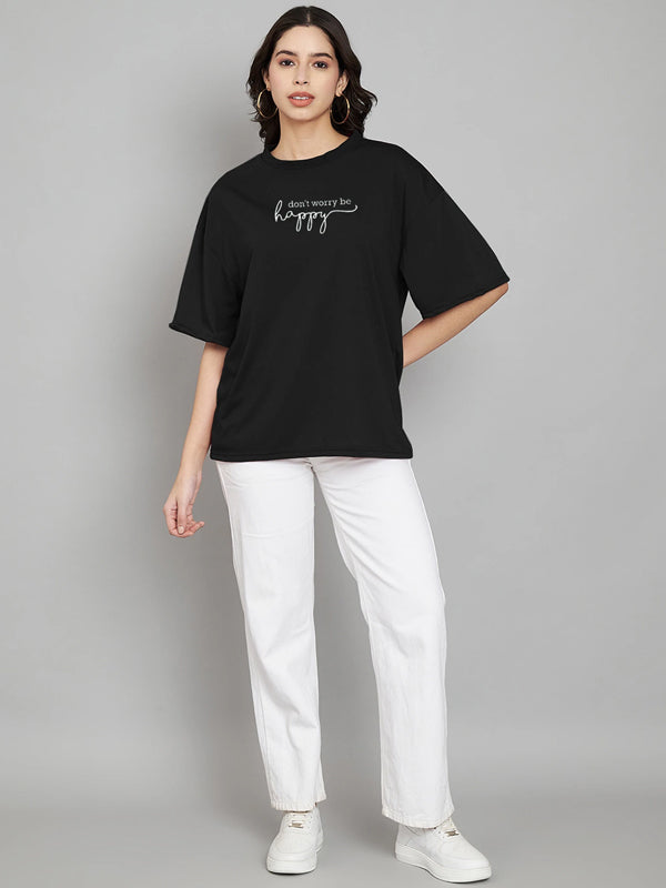 Women Geometric Print Crew Neck Cotton Blend Black T-Shirt