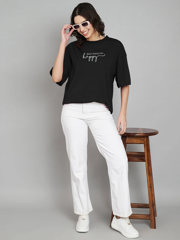 Women Geometric Print Crew Neck Cotton Blend Black T-Shirt