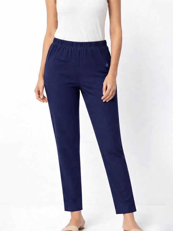 Women Regular Fit, Straight Fit Blue Cotton Blend Trousers