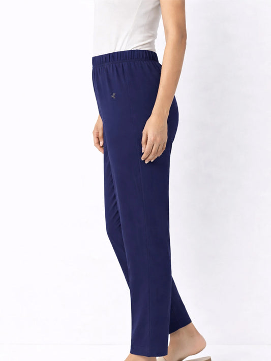 Women Regular Fit, Straight Fit Blue Cotton Blend Trousers