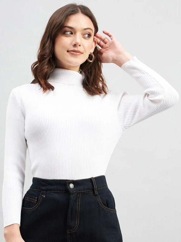 Women Solid High Neck Wool Blend White T-Shirt