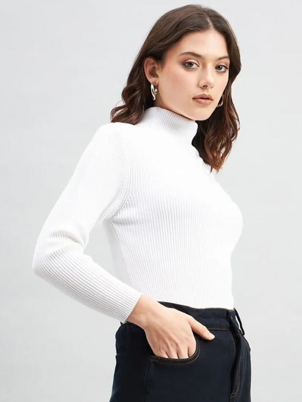 Women Solid High Neck Wool Blend White T-Shirt