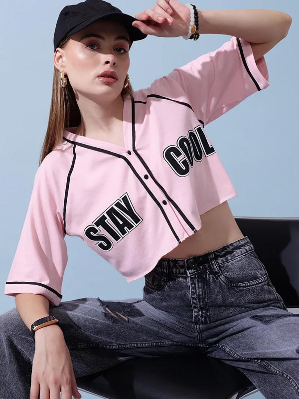 Women Solid V Neck Cotton Blend Pink T-Shirt