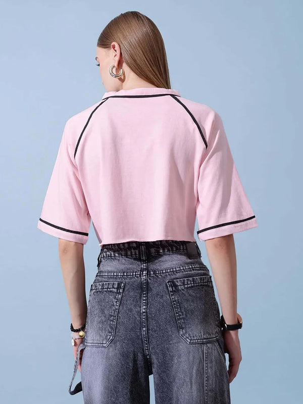 Women Solid V Neck Cotton Blend Pink T-Shirt