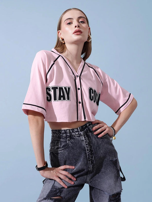 Women Solid V Neck Cotton Blend Pink T-Shirt