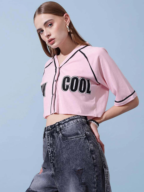 Women Solid V Neck Cotton Blend Pink T-Shirt