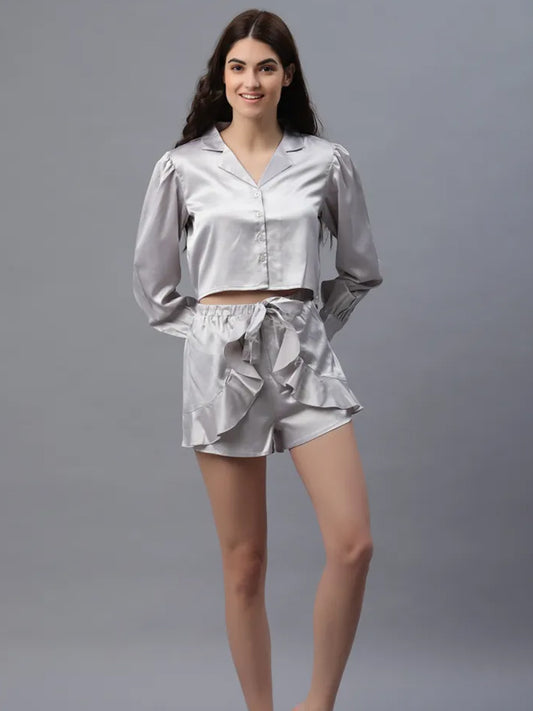 Women Top & Shorts Set Silver Solid