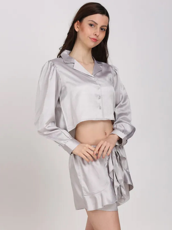 Women Top & Shorts Set Silver Solid