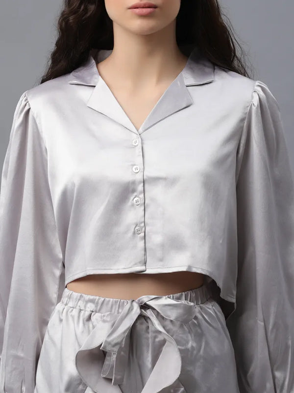 Women Top & Shorts Set Silver Solid