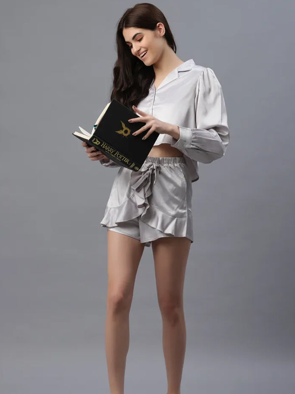 Women Top & Shorts Set Silver Solid