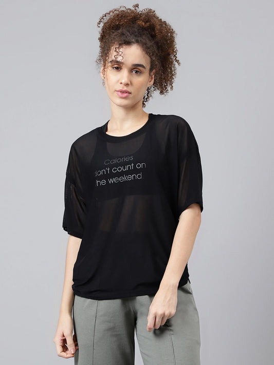 Women Typography Crew Neck Nylon Black T-Shirt