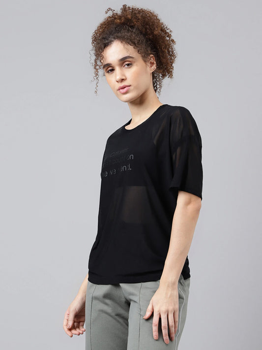 Women Typography Crew Neck Nylon Black T-Shirt