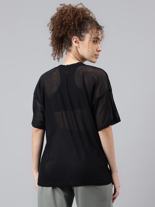 Women Typography Crew Neck Nylon Black T-Shirt