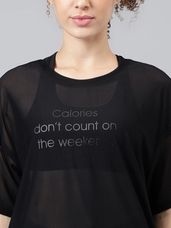 Women Typography Crew Neck Nylon Black T-Shirt