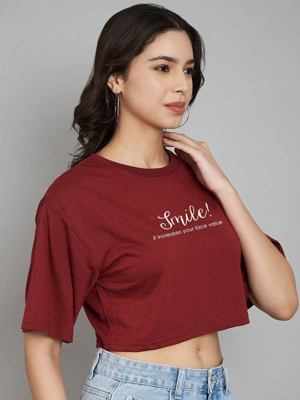 Women Typography, Graphic Print Crew Neck Cotton Blend Maroon T-Shirt