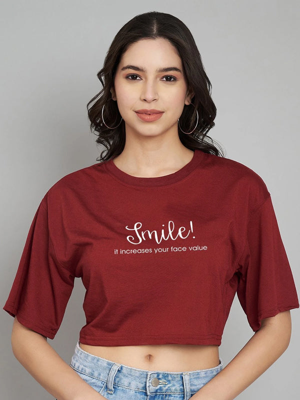 Women Typography, Graphic Print Crew Neck Cotton Blend Maroon T-Shirt