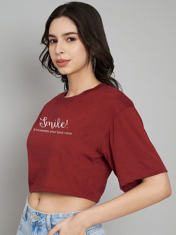 Women Typography, Graphic Print Crew Neck Cotton Blend Maroon T-Shirt