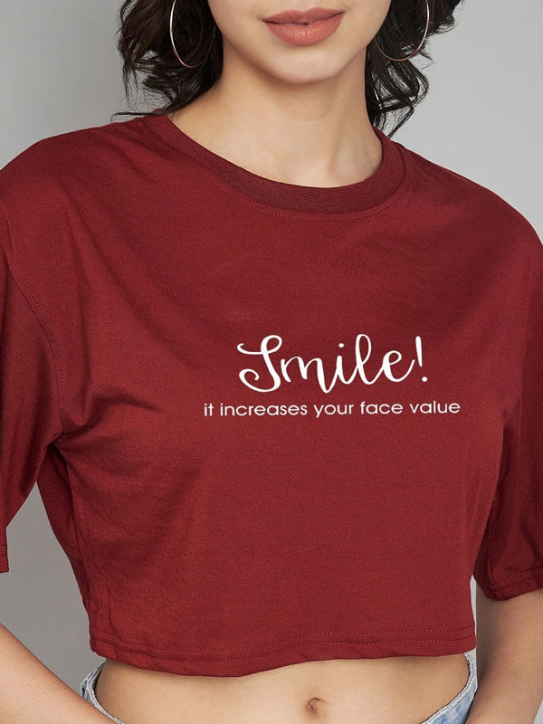 Women Typography, Graphic Print Crew Neck Cotton Blend Maroon T-Shirt