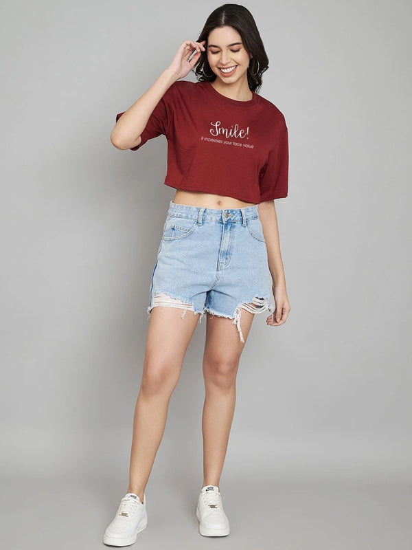 Women Typography, Graphic Print Crew Neck Cotton Blend Maroon T-Shirt