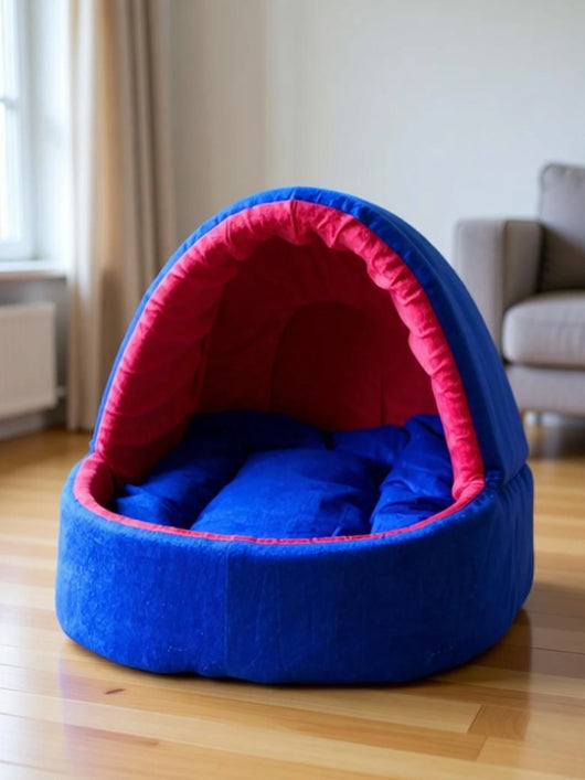 Guru Hut Shape Cozy Enclosed Bed House for Puppies & Cats, Red, M, LWH, 58x50x53 cm M Pet Bed (Blue)