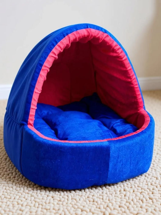 Guru Hut Shape Cozy Enclosed Bed House for Puppies & Cats, Red, M, LWH, 58x50x53 cm M Pet Bed (Blue)