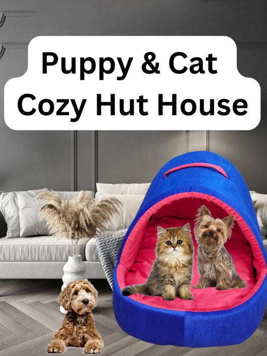 Guru Hut Shape Cozy Enclosed Bed House for Puppies & Cats, Red, M, LWH, 58x50x53 cm M Pet Bed (Blue)