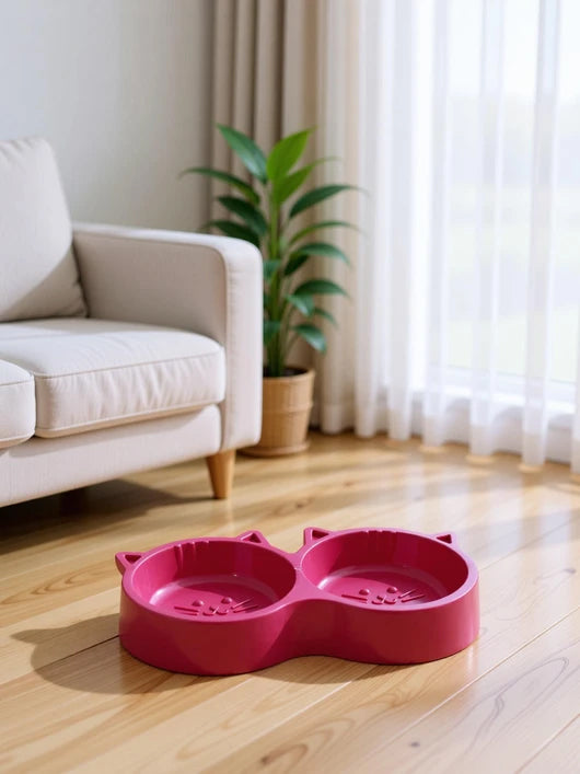 S.Blaze Plastic Cat Face Shaped Double Bowl Food & Water Feeder 2-in-1 Bowl Plastic Pet Bowl & Bottle (400 ml Pink)